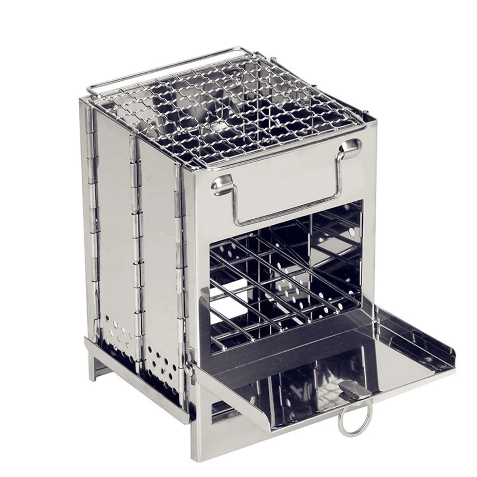 Wood Stove Portable Foldable Stainless Steel Camping Stove with Mini Charcoal Grill Lightweight Barbecue Grill